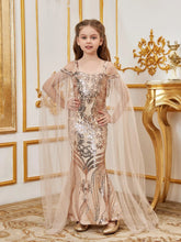 Tween Girls' Off Shoulder Cloak Sleeves Graphic Sequin Mermaid Dress - Elonnashop